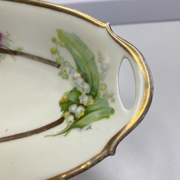 Antique Bavaria GERMANY Oval Relish Dish green Flowers Gold Edge 10" - Picture 5 of 12